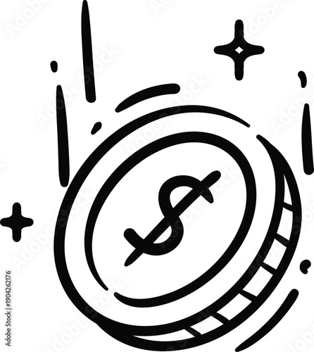 Minimalist black and white line art illustration of a floating coin with a dollar symbol, surrounded by sparkles and motion lines, simple doodle style, vector graphic, isolated on white background.