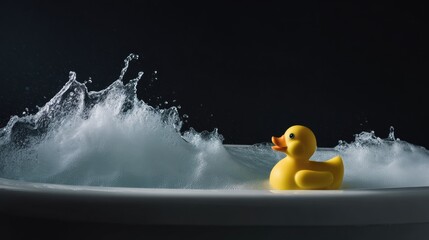 Yellow rubber duck in a bathtub. the duck is in the center of the image, with its body facing towards the right side of the frame.