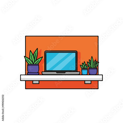 A cartoon-style illustration of a laptop on a shelf with three potted plants