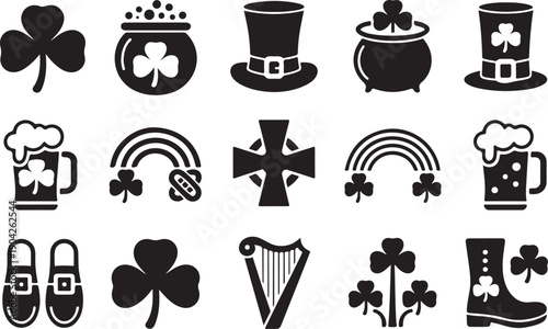 St. Patrick's Day Icon Set - Shamrocks, Leprechaun, Harp, Beer, Rainbows, Irish Flag, Celtic Knots