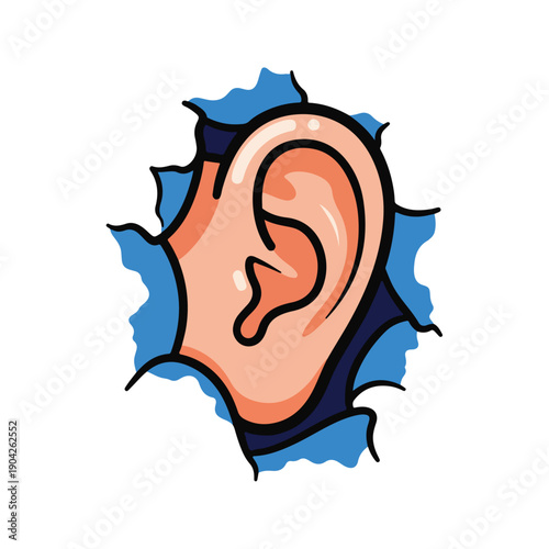 A cartoon-style illustration of a human ear with a torn effect