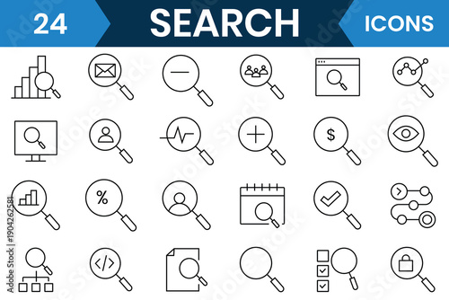 Search icon set. Line icon of  Containing magnifying glass, find, research, SEO and investigate, and more. Vector illustration.