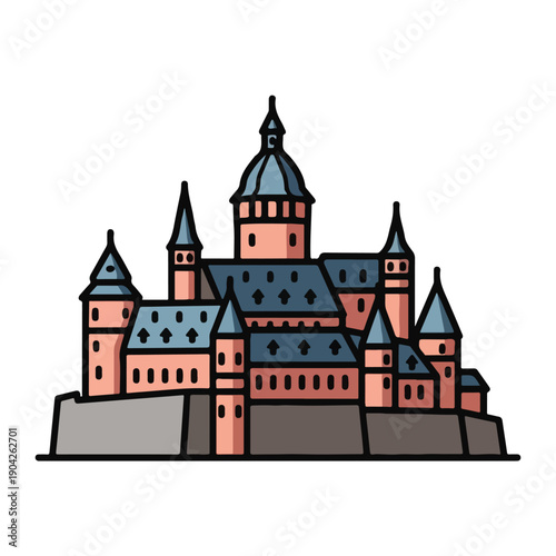 A cartoon-style illustration of a large castle