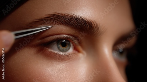 Close-up of a person's eye. the person is holding a pair of tweezers in their right hand and is in the process of applying mascara to their eyelashes.