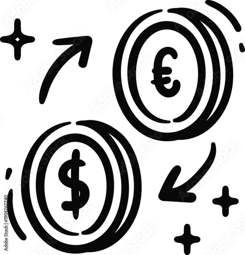 Hand-drawn doodle icon of currency exchange with dollar and euro coins and directional arrows, finance concept