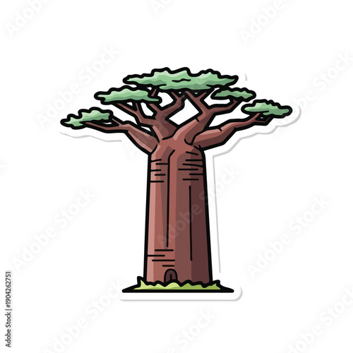 A cartoon-style illustration of a large tree with a thick brown trunk and green foliage