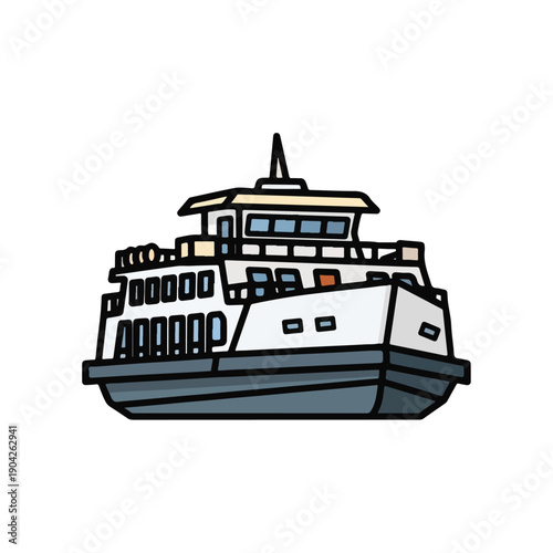 A cartoon-style illustration of a large white and gray boat