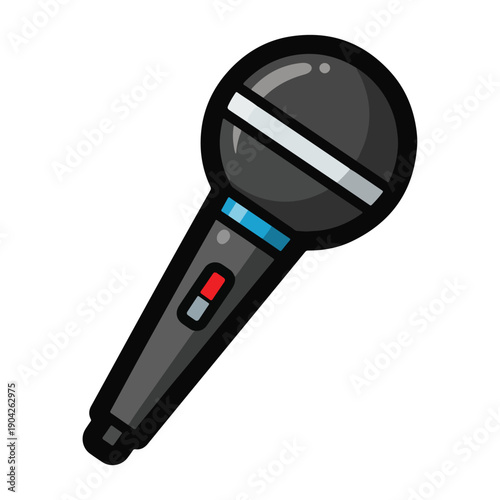 A cartoon-style illustration of a microphone with a gray body, black outline, and blue and red accents