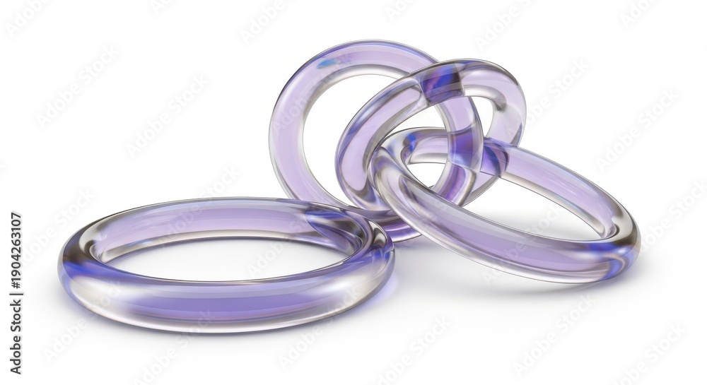 Naklejka premium Interlocking smooth transparent rings exhibit subtle violet coloration against a bright background.