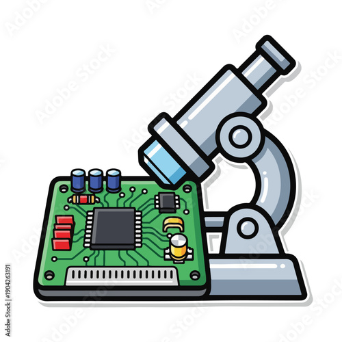 A cartoon-style illustration of a microscope examining a computer circuit board