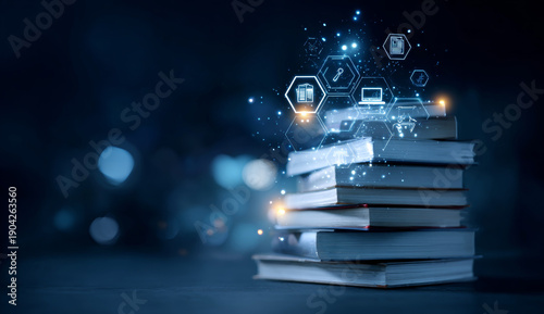 Stack of hardcover books with glowing digital icons representing technology, connectivity, and data integration, illuminated against dark background