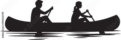 Two people paddling a canoe on water a striking black silhouette