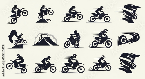 Motocross Rider Silhouettes Collection Action Poses.