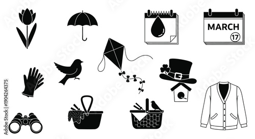 Black and white icons of springtime activities and objects on a white background