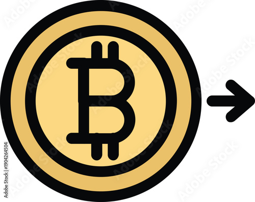 Flat vector illustration of a Bitcoin coin icon with a right-pointing arrow, symbolizing cryptocurrency transfer, minimal design, bold black outline, orange and gold color palette, isolated on white b