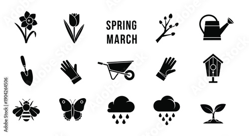 Spring march icons for gardening and gardening tools flowers butterfly bee rain cloud
