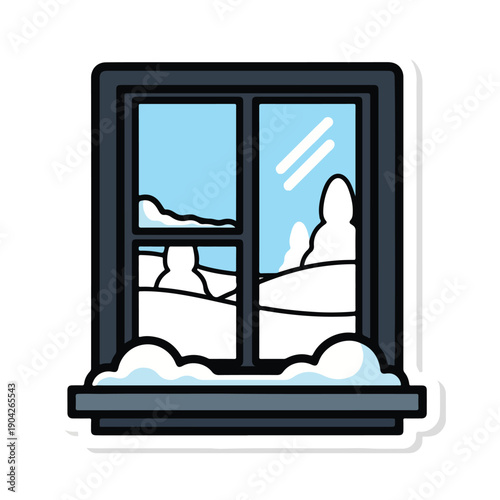A cartoon-style window with a snowy view outside