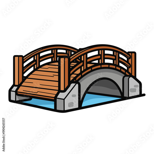 A cartoon-style wooden bridge with a brown railing and gray stone base spanning a small blue stream