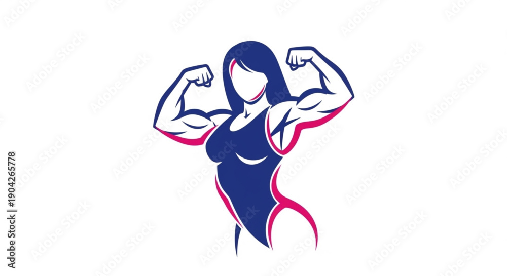 Obraz premium Strong female bodybuilder flexing biceps athletic woman silhouette in swimsuit fitness sport vector illustration for gym and health club