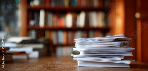 Stack of neatly arranged printed papers with textured white surfaces on a wooden desk, blurred bookshelf with colorful books in the background