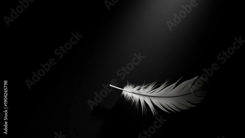 Elegant white feather against dark background with spotlight