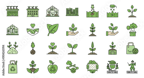 Green icons for plants and gardening.