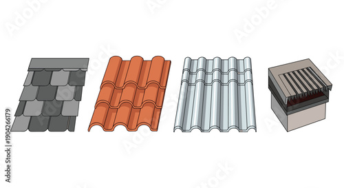 Residential Roofing Material Samples Featuring Asphalt Shingles Clay Tiles Corrugated Metal Sheets and Roof Ventilation Units for Home Improvement Projects.