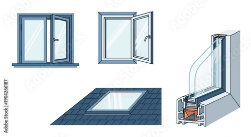 Modern Window Type and Construction Detail Icons Showcasing Casement Awning and Skylight Designs with Double Glazing Profile for Architectural Specifications.