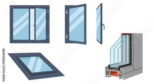 Architectural Window Selection and Cross-Section Detail Icons Featuring Various Opening Styles and Glazing Profiles for Residential Building Design Concepts.