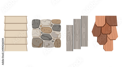 Assorted Exterior Wall Finishing Material Icons Featuring Siding Natural Stone Wood Planks and Shingles for Home Improvement and Architectural Design Visuals.