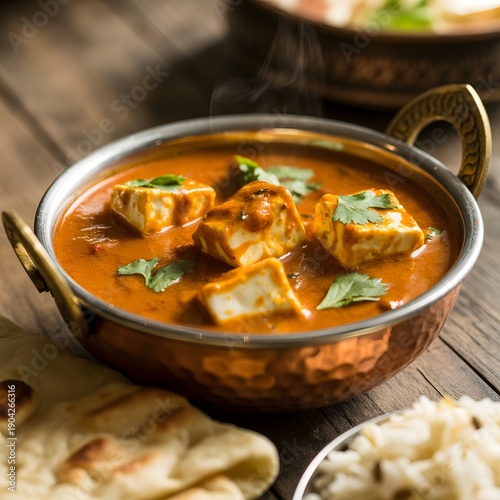 Spiced tomato-based curry with tofu pieces and fresh cilantro garnish in a metal bowl