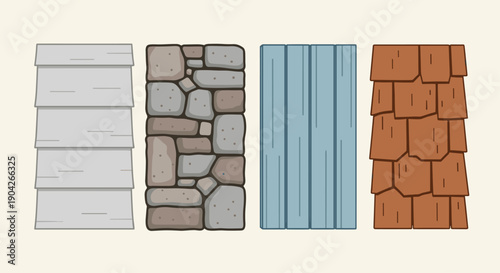 Vertical Architectural Cladding Material Swatches Showcasing Siding Stone Veneer and Wood Shingles for Exterior Wall Treatment and Building Finish Selection.