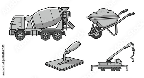 Heavy Duty Concrete Construction Tool Icons Featuring Mixer Truck Loaded Wheelbarrow Finishing Trowel and Boom Pump for Building Infrastructure Development.