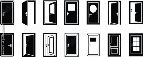 Open door and closed door front view vector icons set for navigation, UI elements, safety signs, and digital graphics projects