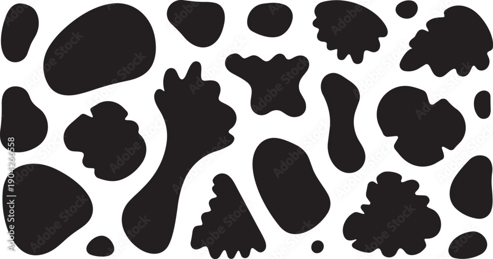 Fototapeta premium Abstract organic shapes and liquid ink blobs set, hand-drawn black silhouette splatters, uneven stone textures and pebble vector elements for modern art