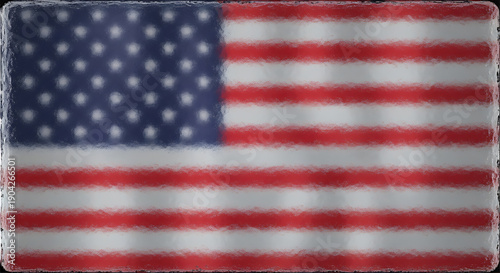 Abstract, textured rendering of the American flag design featuring stars and stripes with a frosted glass artistic effect suitable for patriotic themes.