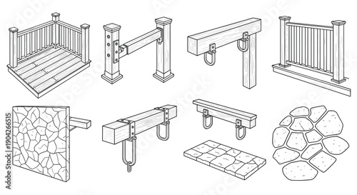 Outdoor Deck and Railing Construction Detail Icons Featuring Wood Beam Assemblies Hardware and Stone Pavement Textures for Architectural Landscape Design.