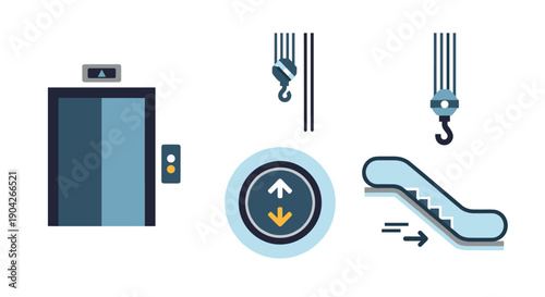 Modern Elevator and Escalator Transportation Icons Featuring Control Buttons and Hoist Mechanisms for Architectural Facility and Building Management Systems.