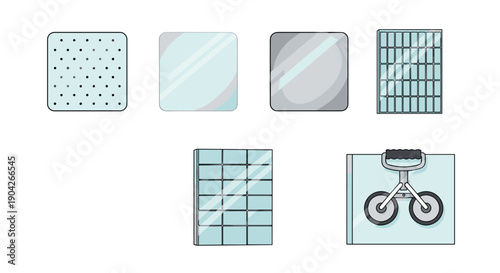 Architectural Glass and Solar Panel Component Icons Featuring Various Textures Grid Patterns and Suction Handling Tool for Building Material Specifications.