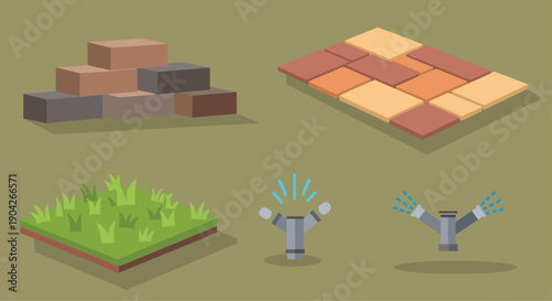 Landscape Design and Hardscaping Icons Featuring Bricks Pavers Green Grass and Garden Irrigation Sprinklers for Architectural Outdoor Space Planning Projects.