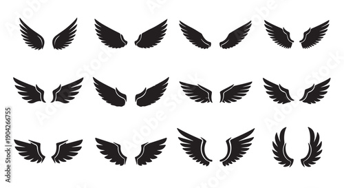 Black wing silhouettes in various styles and poses on white background for graphic design