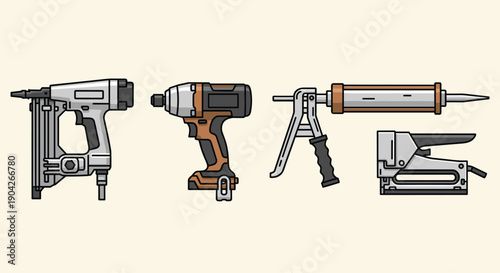 Professional Power Tools Illustration Featuring a Nail Gun Impact Driver Caulking Gun and Stapler on a Neutral Workspace Background for Industrial Design Projects.