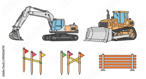 Heavy Construction Site Machinery and Equipment Icons Featuring Excavator Bulldozer Surveying Stakes and Safety Fencing for Infrastructure Project Management.