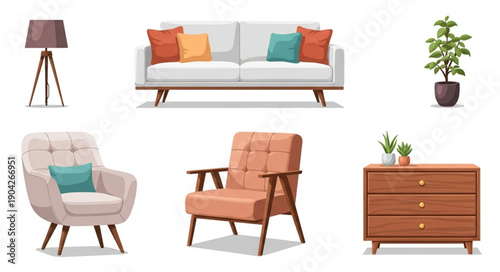 Modern Living Room Furniture Collection Isolated on White Background.