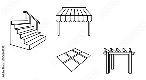 Outdoor Structure Line Icons Including a Staircase Retractable Awning Paving Tiles and a Pergola for Landscape Architecture and Home Exterior Design Planning.