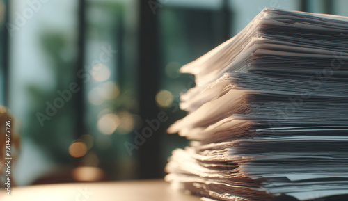 Stack of neatly organized paper documents with textured surfaces and slightly curled edges, placed on a wooden desk with a blurred modern office background