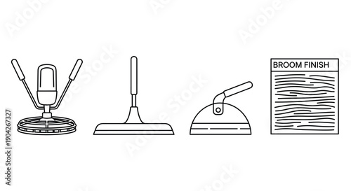 Concrete Finishing Equipment Icons Including a Power Trowel Squeegee Hand Float and Broom Finish Sample for Professional Paving and Masonry Graphics.