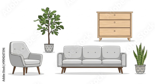 Modern Living Room Furniture and Plants Illustration.