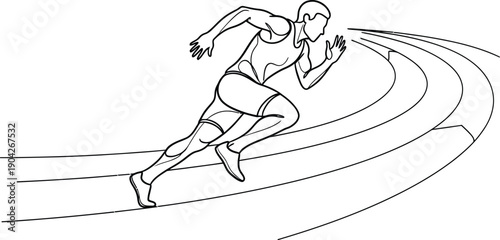 Athletic male sprinter pushing off hard around the curve of a running track in dynamic motion vector line art illustration
