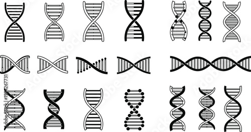 Vector Icon Set of DNA Double Helix Structures, Genetic Research Symbols, Biology Science Illustrations, Biotechnology DNA Strands, and Genome Sequence Icons